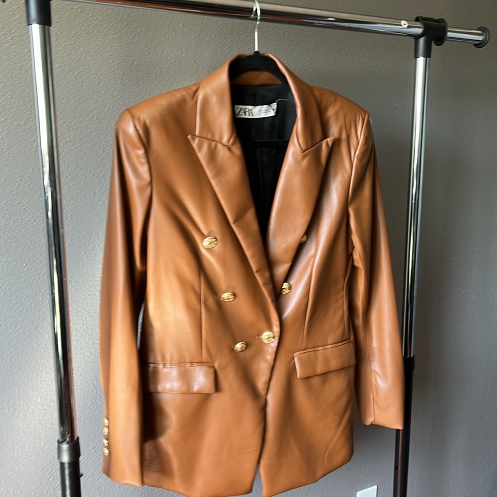 Zara TAN LEATHER Blazer - Picture 10 of 12